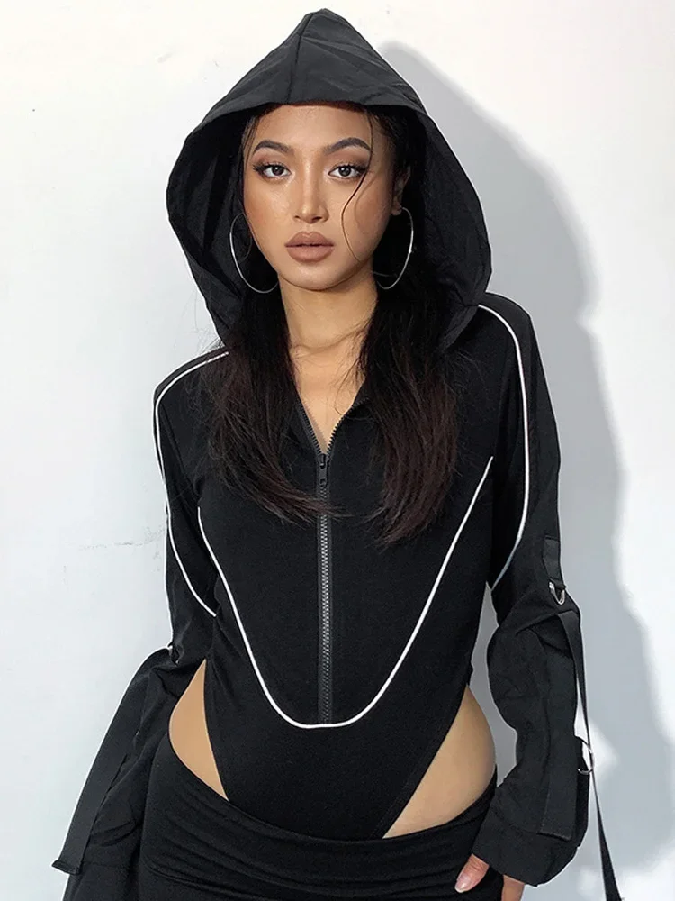 

Hooded Sexy Bodysuit Lingerie Long Sleeve One-Pieces Body Feminino Zipper Corset Top Slim Fashion Trends Women Clothing Bustier