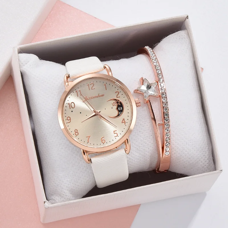 Women Watch Moon Numbers Dial Bracelet Watches Set Ladies Leather Band Quartz Wristwatch Women Female Clock Moonswatch Reloj