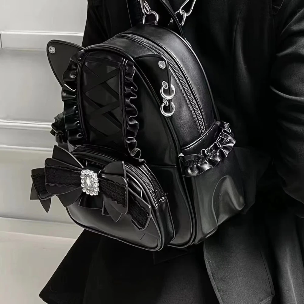 Korean Fashion Y2k Punk Backpack Lace Bow Cat Ear Lotus Lace Decoration Lolita Backbag PU Leather Large Capacity Women Backpack