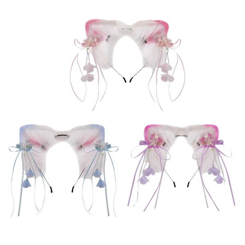 

Милая стильная повязка на голову в виде кота с цветком и лентой для взрослых, повязка на голову для косплея на Хэллоуин, Прямая
