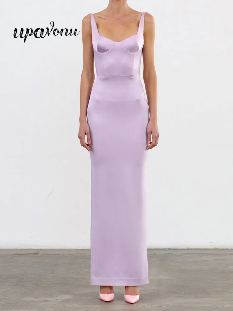 

Elegant Women Summer Long Dresses 2022 New V Neck Sleeveless Bodycon Purple Satin Dress Celebrity Club Evening Party Vestidos