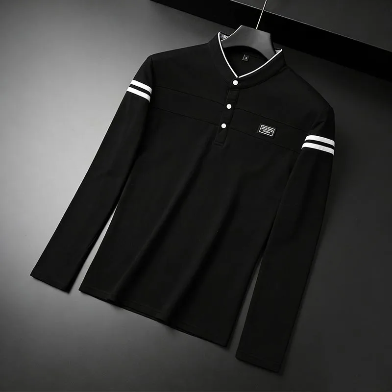 Herren Schwarzes Langarm-Poloshirt mit Stehkragen, Knopfleiste und Gestreiften Ärmeln für Alltägliche Freizeitkleidung – Detail 18