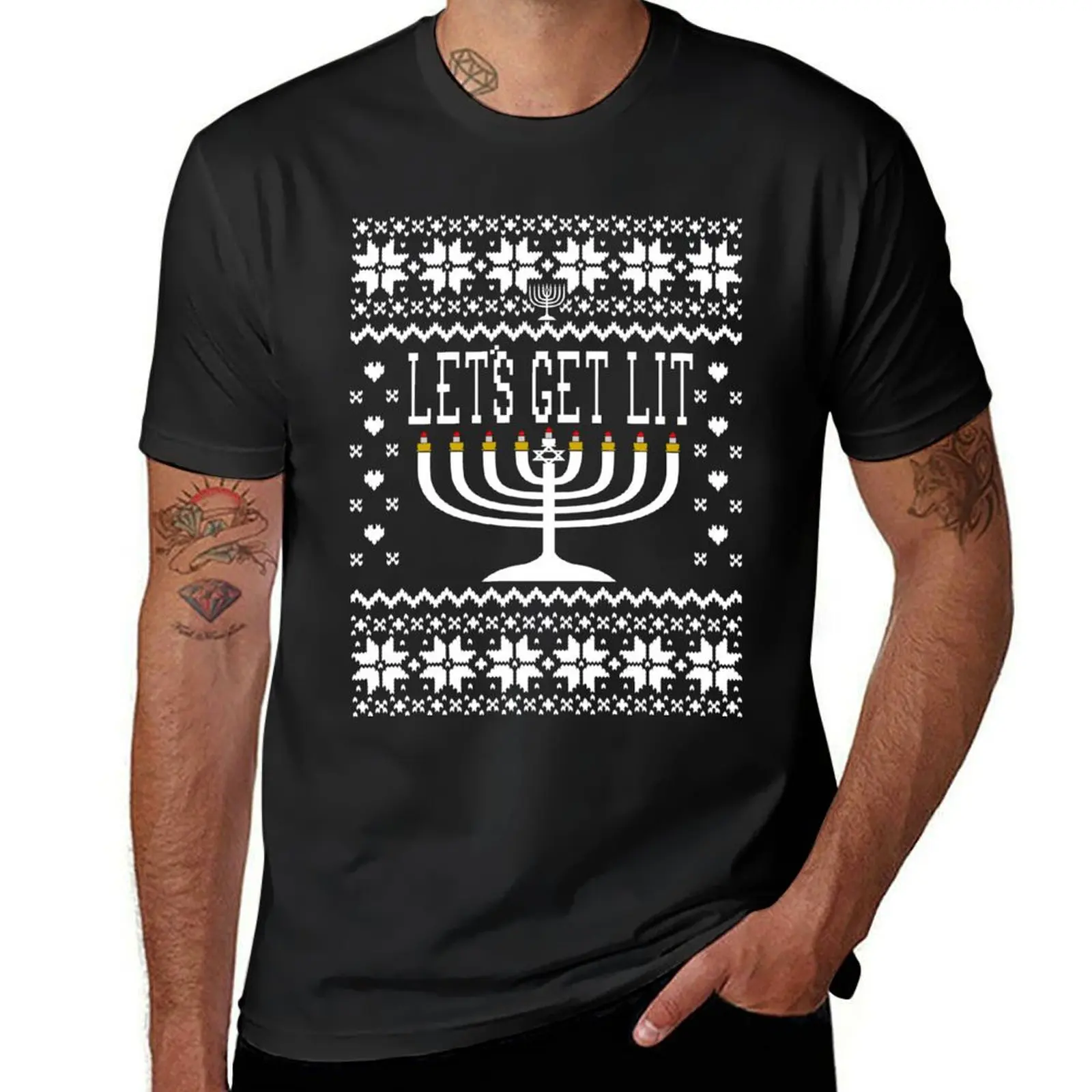 

Lets Get Lit - Ugly Hanukkah Sweater Style T-Shirt korean fashion sports fans mens workout shirts