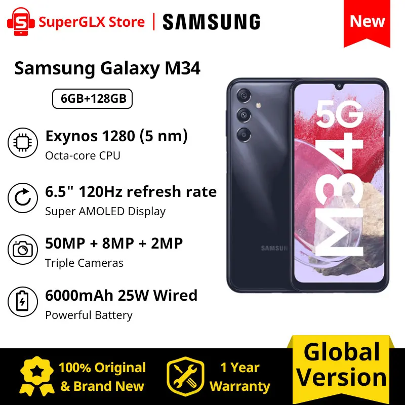 

Оригинальный Samsung Galaxy M34 5G, 6 ГБ ОЗУ, 128 Гб ПЗУ, Exynos 1280, 120 Гц, Super AMOLED дисплей, Android 13, Аккумулятор 6000 мАч