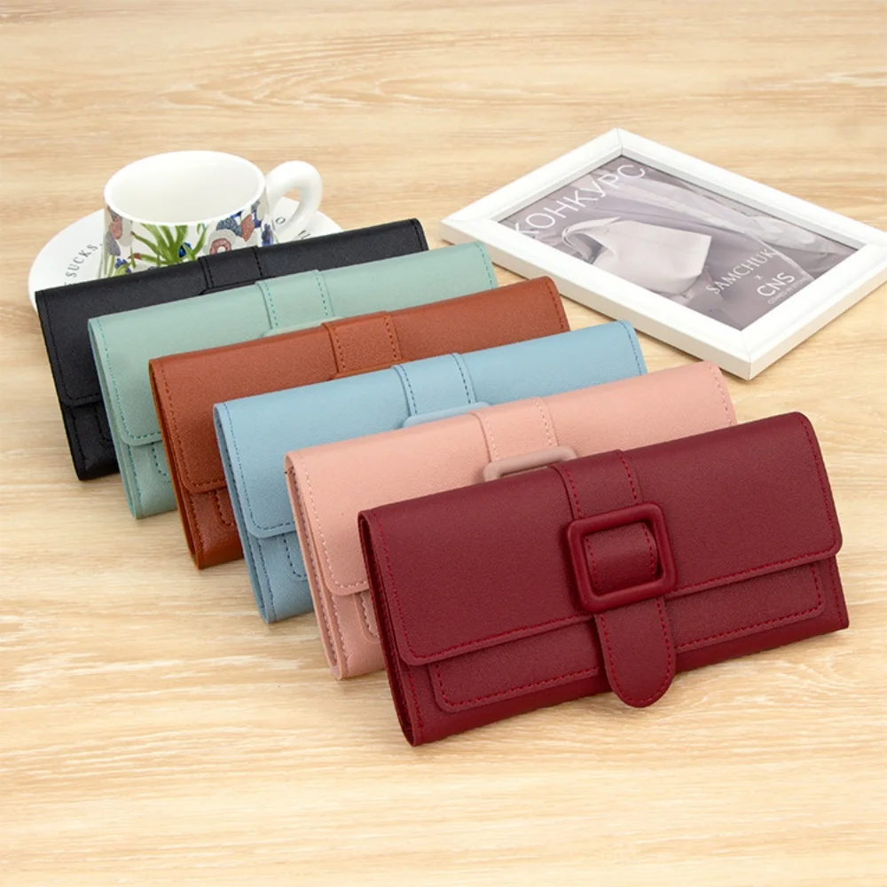 Fashion Women Long Wallet PU Leather Tri-Fold Clutch Buckle Money Bag Multi-card Slot Ladies Card Holder Zipper Coin Purses