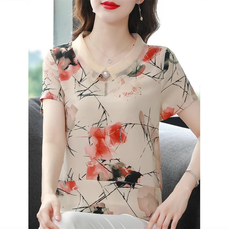 2024 New Summer Women Fashion Floral Print Beaded Blouse Elegant Short Sleeve Chiffon Shirt Ladies Loose Chic Tops Casual Blusas