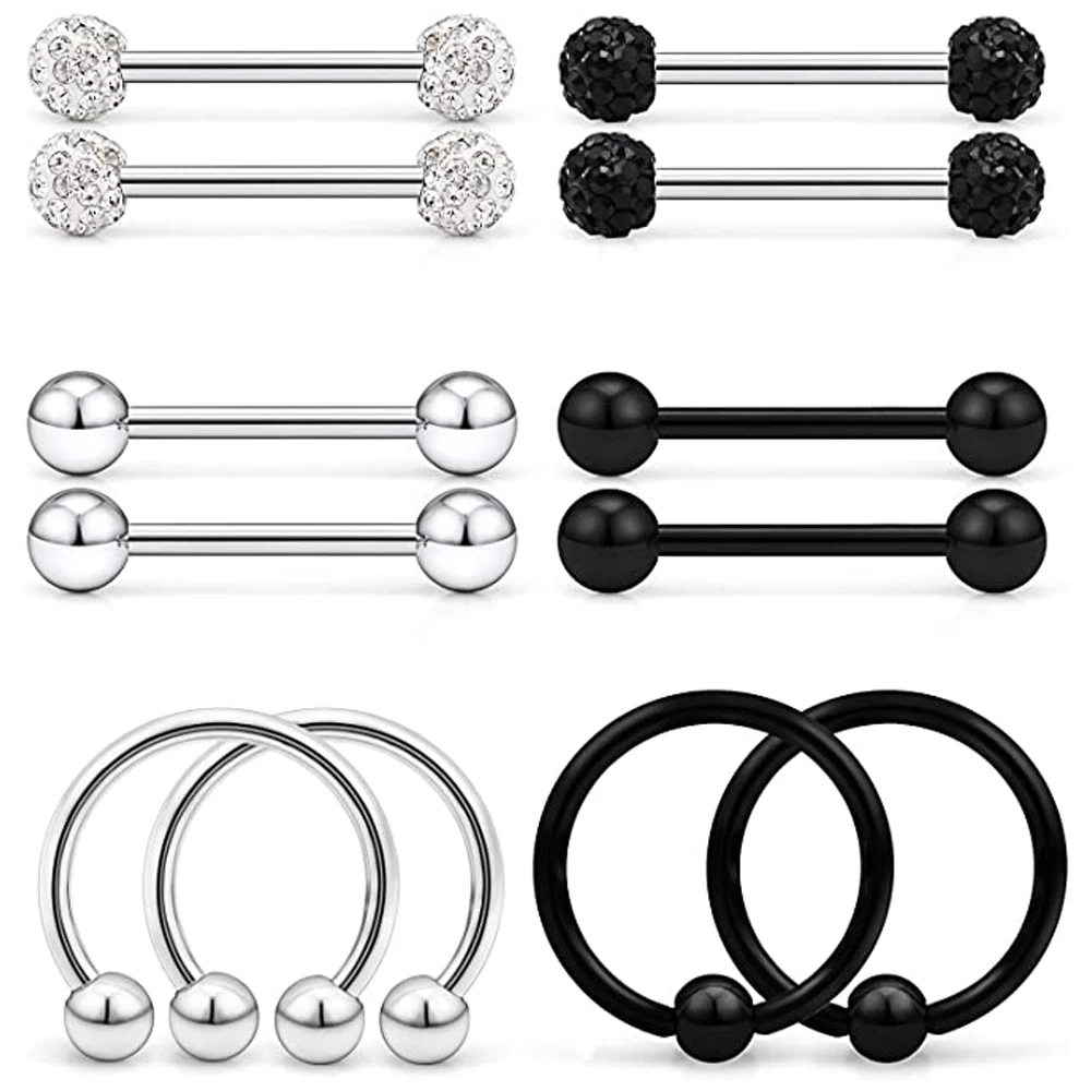 12Pcs Nipple Ring 16G Surgical Steel Nipplerings Barbell Bar Hoop Rings Piercing Jewelry for Women Men Diamond Inlaid |