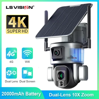LS VISION 듀얼 렌즈 태양광 카메라, 4K, 8MP, 10X, 4X 줌, 4G SIM, 와이파이 보안 야외 카메라, 휴머노이드 컬러 추적, 야간 투시 캠