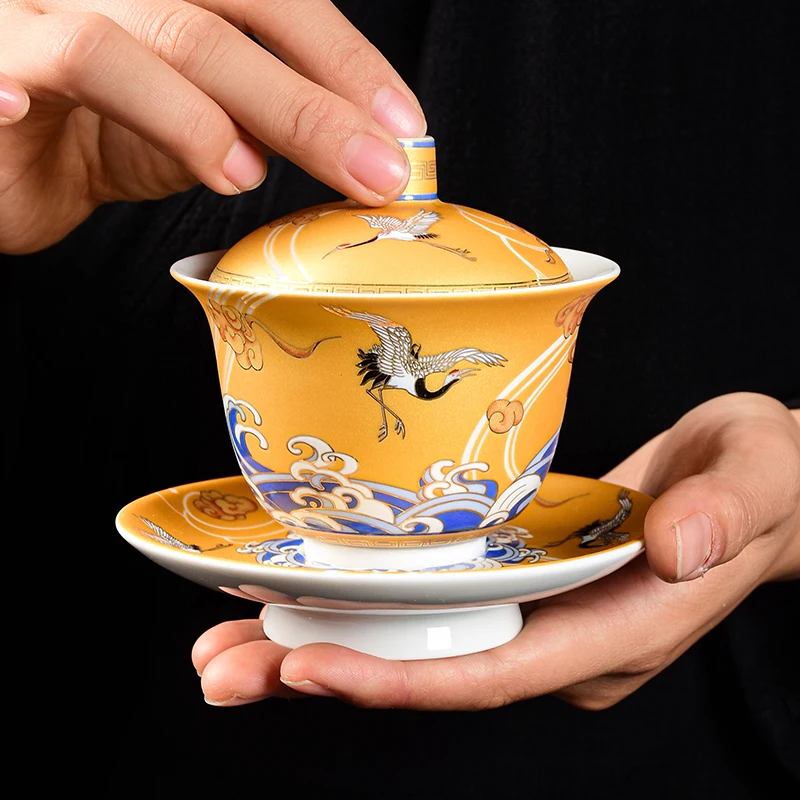 

Auspicious Crane Tea Tureen 200ml Ceramic Cup Enamel Tea Bowl China Gaiwan Kung Fu Teaware Home Decoration Crafts Collection