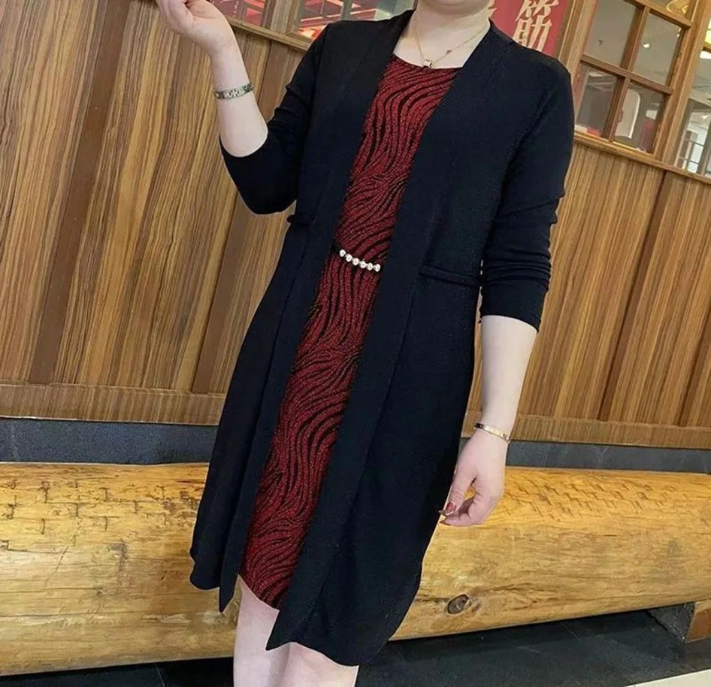 플러스 사이즈 여성용 라운드 넥 긴팔 가짜 투피스 원피스, 우아한 기질 원피스, 프린트 원피스, 가을 및 겨울 패션