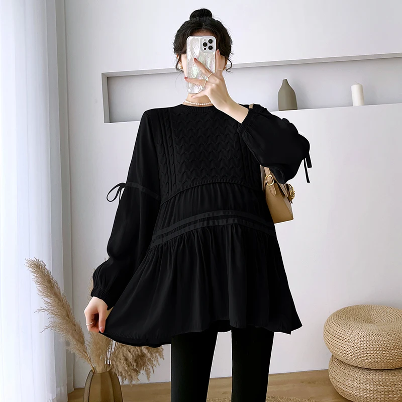 532# Autumn Winter Fashion Patchwork Knitted Maternity Blouses Loose Shirts Clothes for Pregnant Women Cute Pregnancy Tops maternity tops