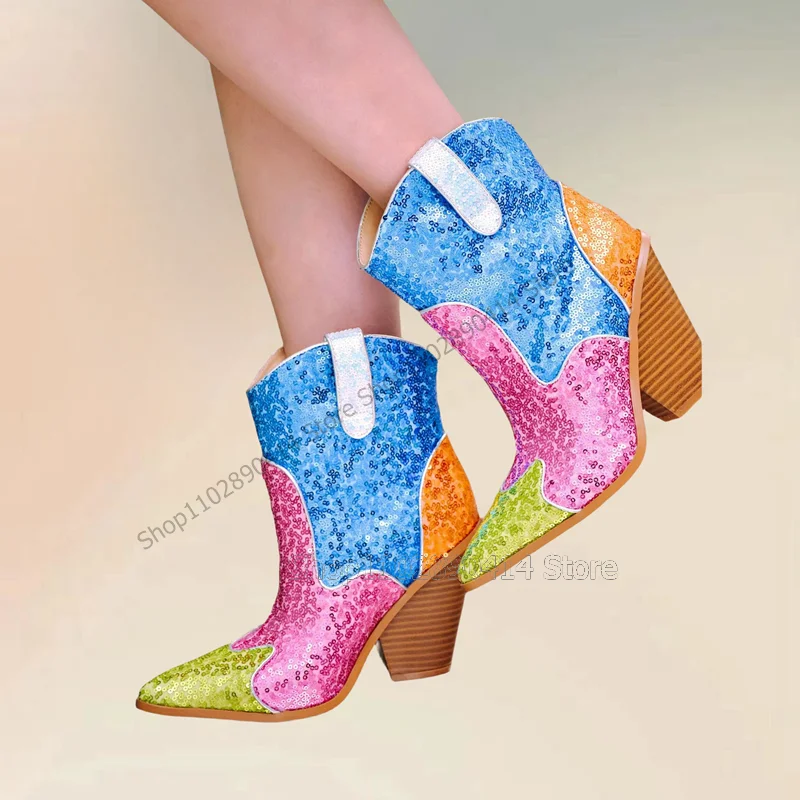 

Colorful Sequins Giltter Mid Calf Pointed Toe Boots Slip On Women Shoes Chunky High Heels Novel Fashion 2023 Zapatos Para Mujere