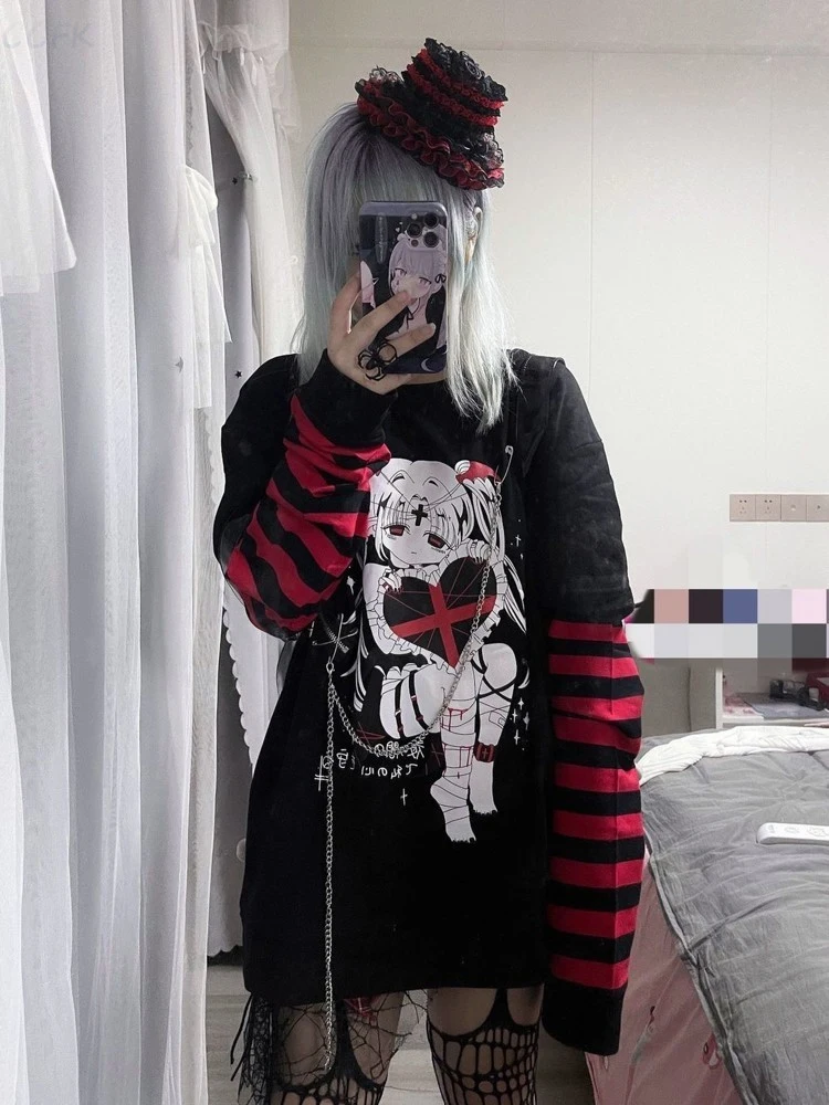 Spring Dark Academia Clothes Emo Anime Sweatshirt Women Striped