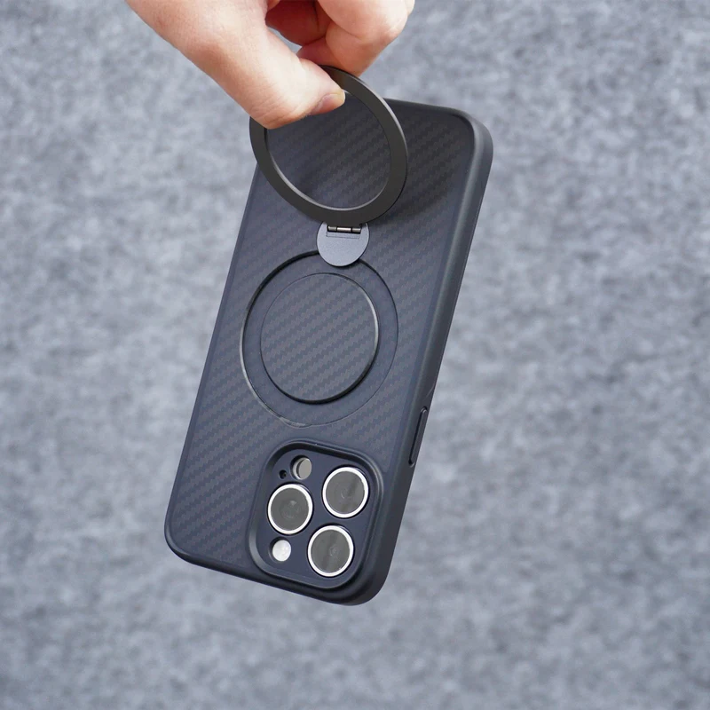 Carbon Fiber Texture 360 Rotating Kickstand Phone Case with Wireless Charging Compatibility