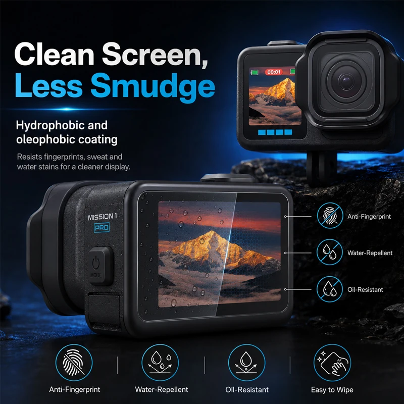 Comparaison avant/après : écran de GoPro Hero 11 sans protecteur puis avec le protecteur d'écran GoPro Hero 11/10/9.