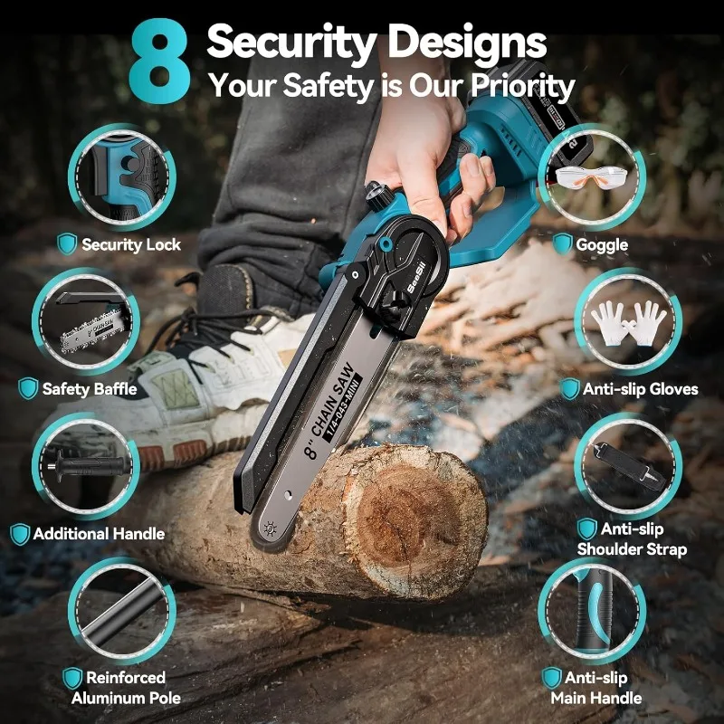 2 in 1 Cordless 8 inch Pole Saw Mini Chainsaw with 2 Battery Power Electric for Tree Trimming Chain Saw with Extension Pole