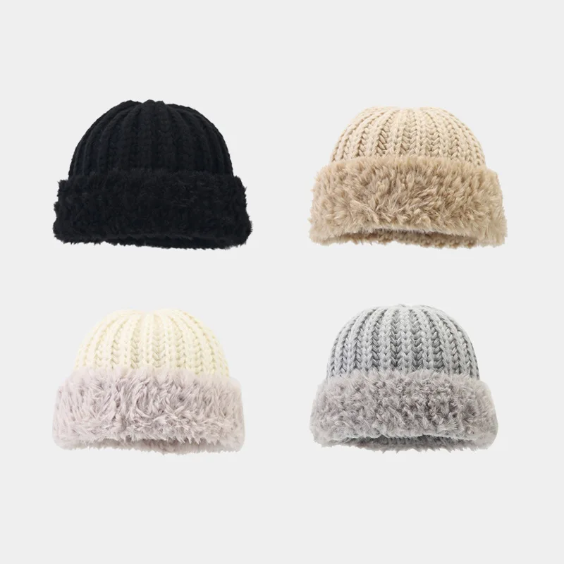 

Winter Splicing Thickened Warm Knit Basin Hat for Women Girls Dome Fashion Bucket Cap Outdoor Cold-Proof Casual Woolen Hats
