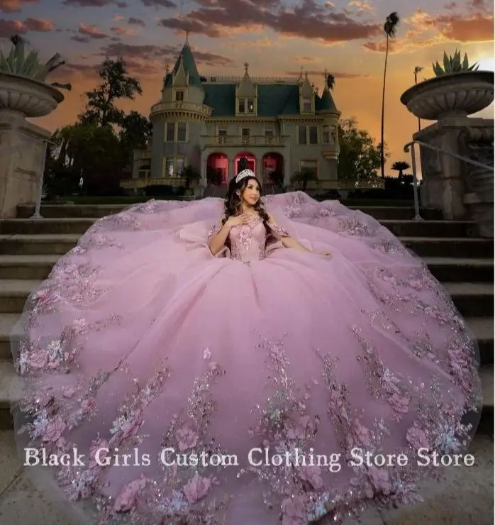 Princess Pink 15 Quinceanera Luxury Strapless Poncho 3D Floral Applique Corset Chapel Train Mexico vestido xv a&ntilde;os Custom