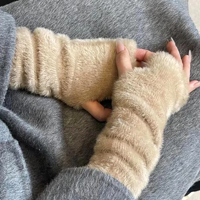 Autumn Winter Soft Mink Long Half Finger Gloves Women Plush Knitted Fingerless Gloves Wrist Mittens Driving Writting