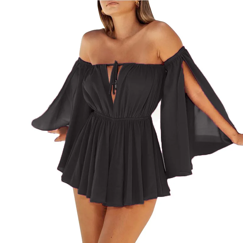 

Women's Summer Dress Tube Top Blouses Straight Shoulder Skirt Lace Casual Female Clothes Open Sleeve Halter Tops Sexy Beach Wear