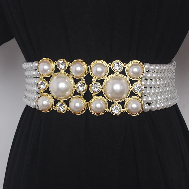 Large Pearl Waist Chain Women's Elastic Belt with Diamond