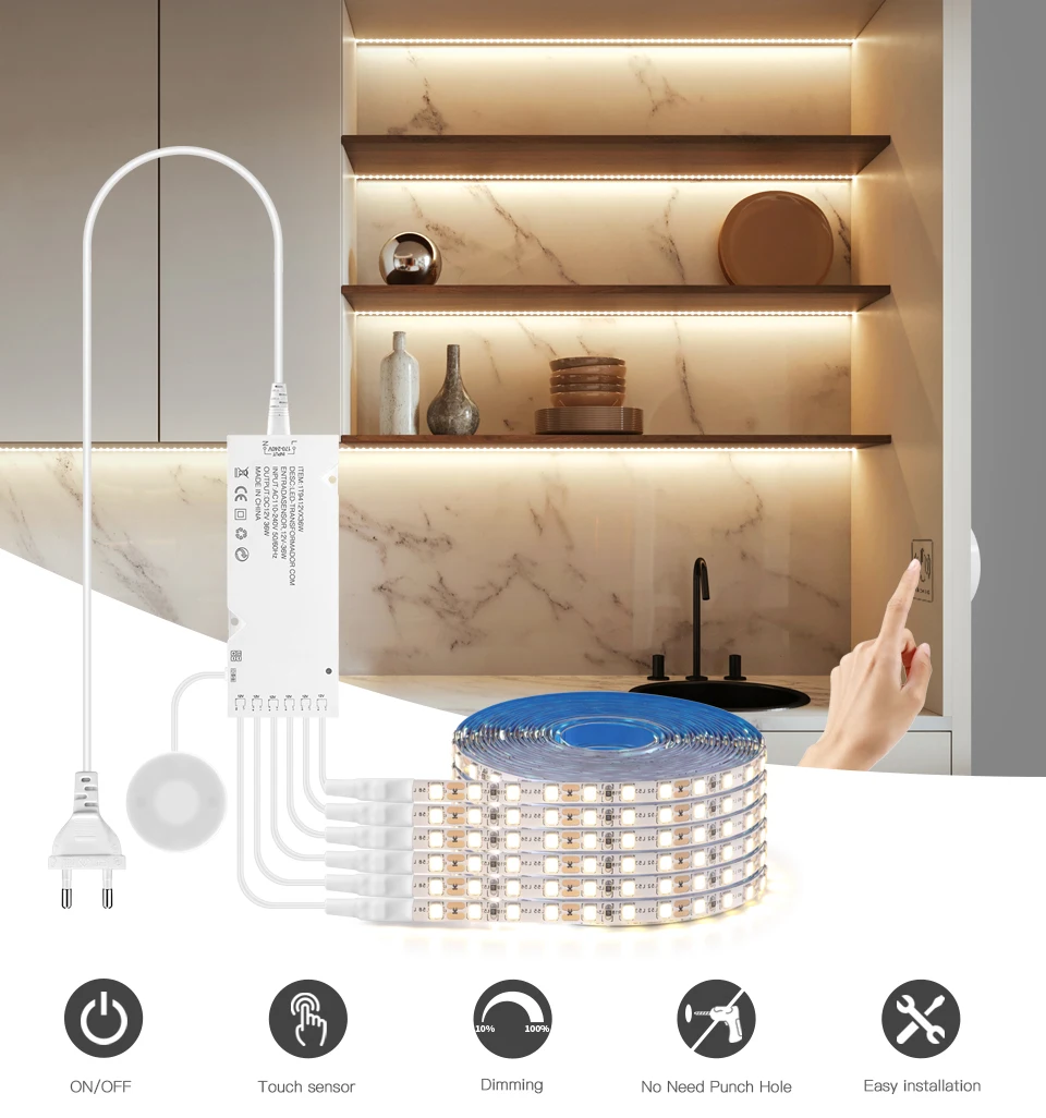 Description Picture 2 of item1-10Pcs LED Under Cabinet Light Penetrable Wood Dimmable Touch Sensor SMD2835 120LEDs/m Lamp Tape DIY Display Closet Backlight