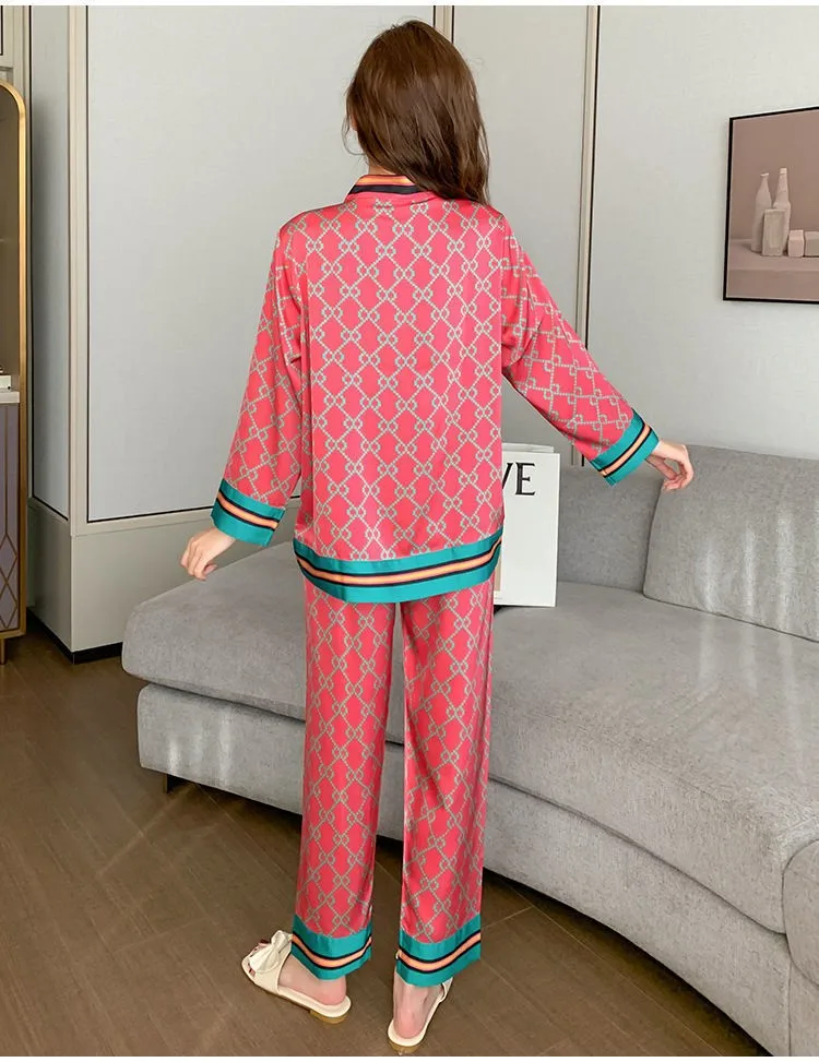 5XL Plus Size Chic Ice Silk Long Sleeve Long Pants Pajamas Set For Women Lady Homewear Clothing Sleepwear Nightwear Suit