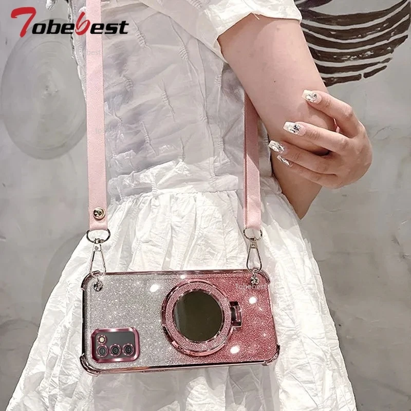 Elegant Crossbody Lanyard Shockproof Plating Phone Case with Mirror Holder
