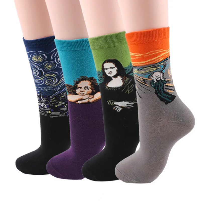 5 pairs Vintage Happy Socks Women Mona Lisa Ladies Creative Socks Funny Starry Sky Japanese Harajuku Hosiery Van Gogh 2024 New
