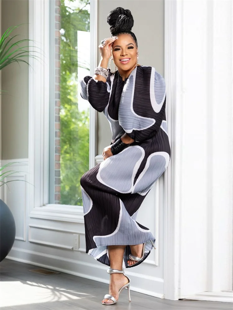Plus Size Dresses for Women Elegant Puff Sleeve Print Loose Sexy  Long Sleeve Fall Clothes Maxi Dress Wholesale Dropshipping