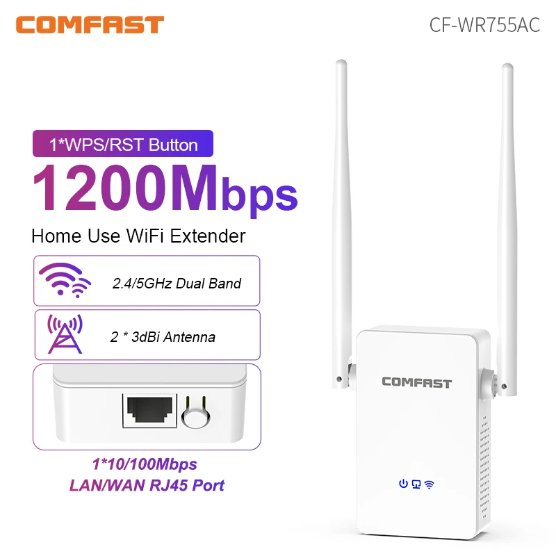 מגבר רשת אלחוטי WiFi Repeater Comfast 1200Mbps עם WIFI מרחיב 2.4G/5G, מגבר רשת דו פס עם טווח ארוך ואות WiFi ראוטר