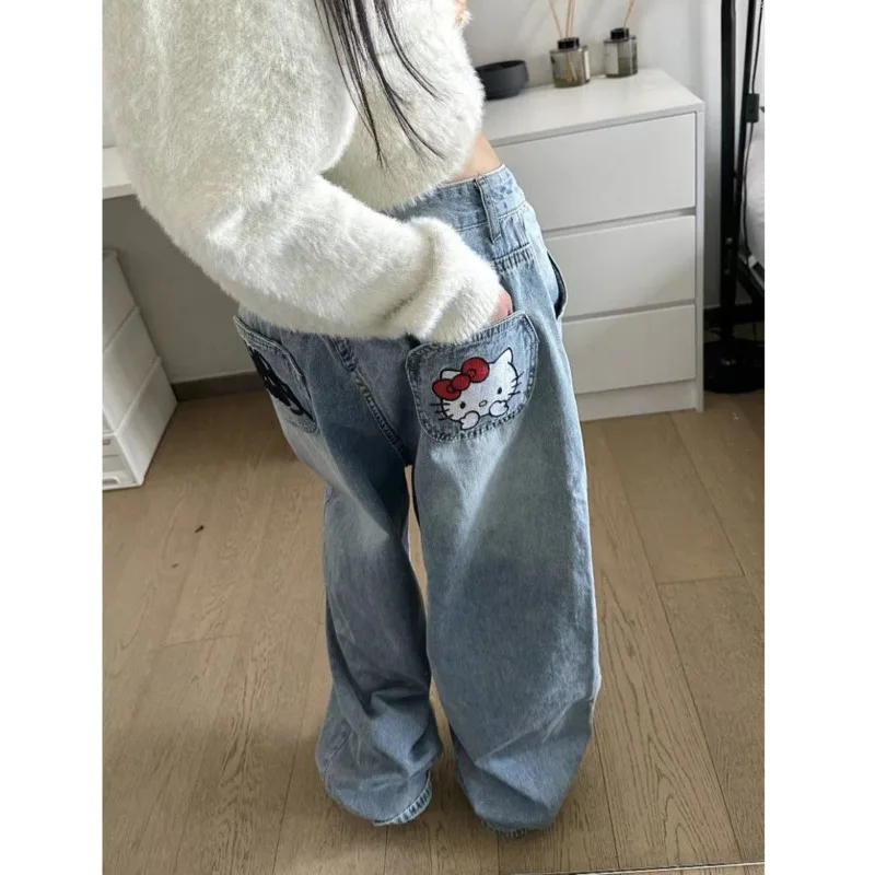 헬로 키티 산리오 Y2k 데님 바지, 레트로 레터 자수 청바지, 하이웨이스트 루즈 와이드 레그 팬츠, 하이 스트리트 팬츠