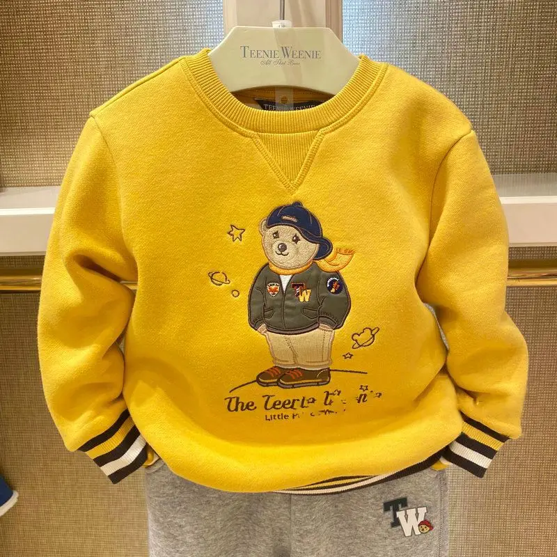 

Fleece Flocking Yellow Hoodies For Girl Boy kids Clothes Thick Sweatshirt Tops Warm Tees Family Matching Outfits