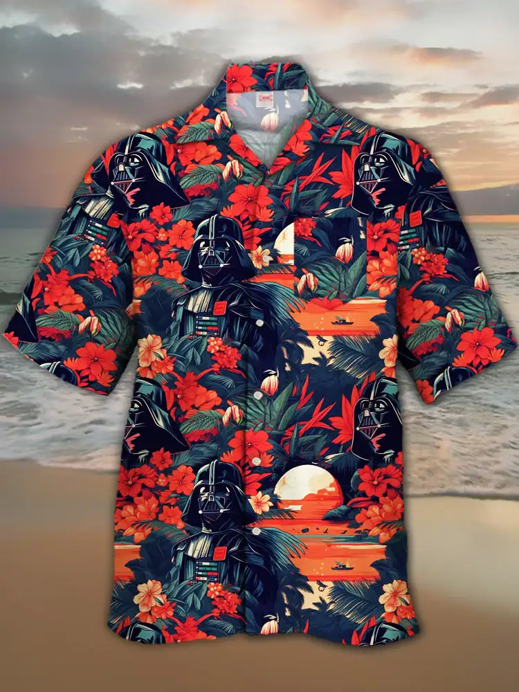 thumbnail image 1 of Camisa hawaiana de manga corta con cuello vuelto, estampado floral tropical Ukiyo-E y ciencia ficción, estilo informal, 2024, 1 of 4