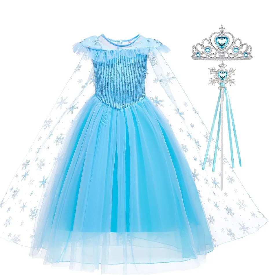 L'hiver Déguisement Elsa Princesse filles Cosplay Costume Luxe robe de bal  avec Couronne Baguette