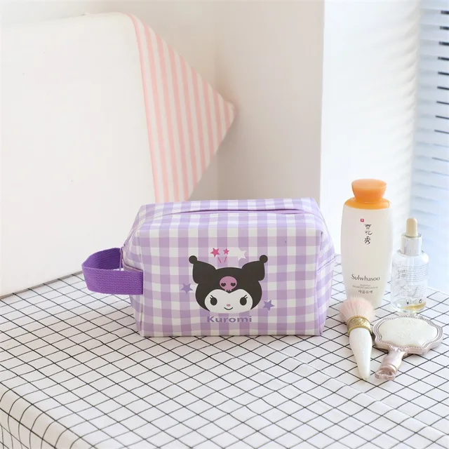 Cartoon Sanrios Anime Check Large-capacity Cosmetic Bag Clutch Bag Ladies Travel Multi-function Durable PU Zipper Storage Bag 4
