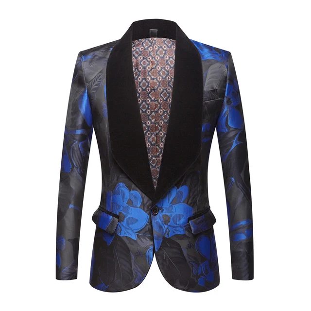 Blazer de lapela jacquard de flor azul masculino, jaqueta de terno