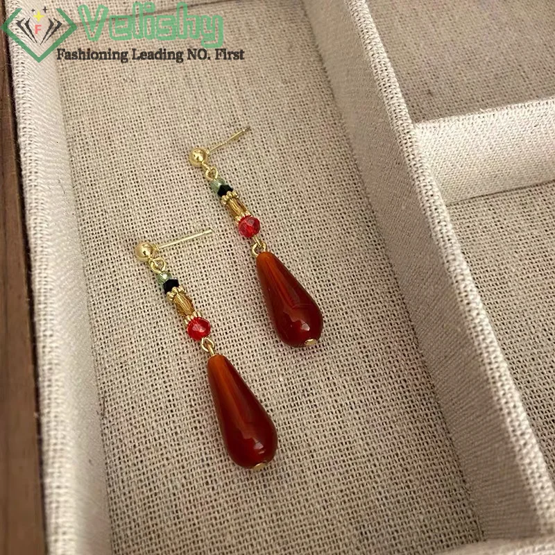 Фото Этнические серьги Hanfu в китайском стиле, модные красные капли воды, подвеска, клипса для ушей, пряжка, длинные классические ретро серьги, ювелирные изделия в подарок №2
