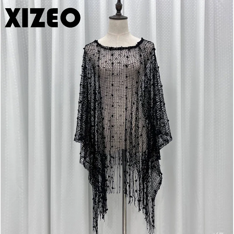 XIZEO 2023 Sexy Fringe Tassel Mesh Sheer Shiny Knitted Tunic Beach Cover Up Cover-ups Beach Dress Beach Wear Beachwear Female