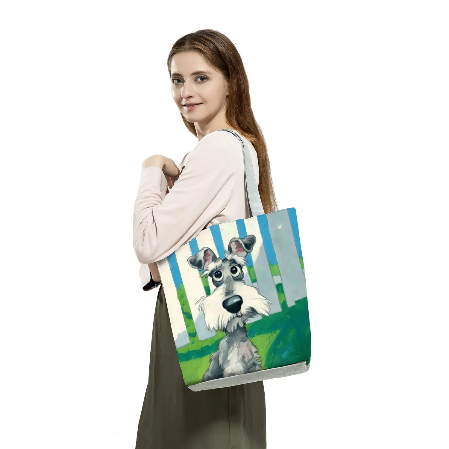 Dog Art Print Tote Bag Shoulder Bag Female Eco Reusable Shopping Shopper Bags Schnauzer Golden Retriever Women Fabric Handbags