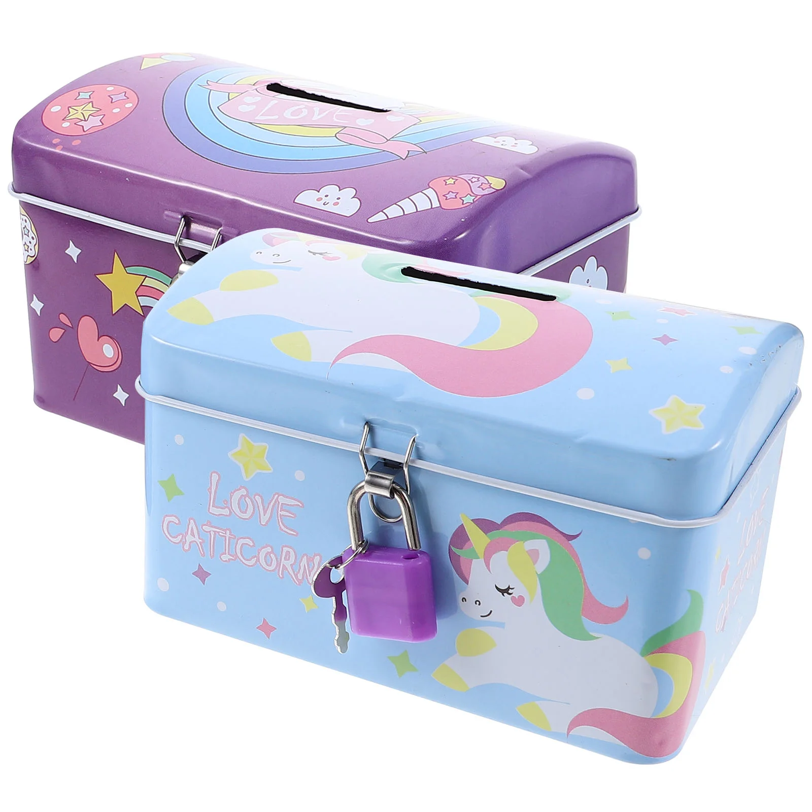 2 Pcs Kids Money Bank Creative Cartoon Unicorn Piggy Bank Adorable Saving Jar With Lock Iron Storage Box Home Decor Money Boxes 2