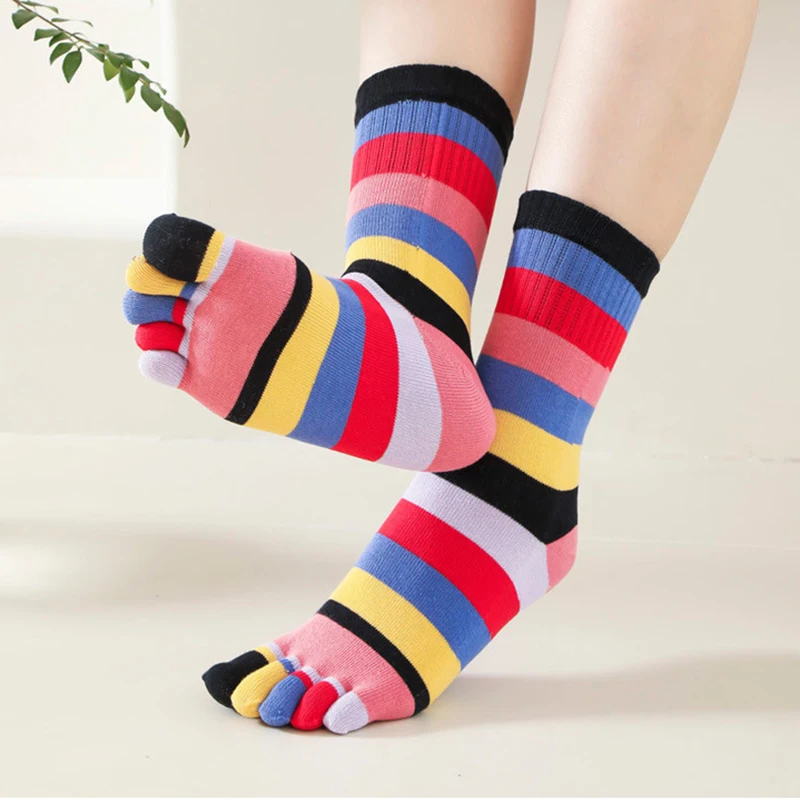 5 Pairs Girls Happy Socks Bright Color Rainbow Striped Five Finger Socks Korean Style Colorful Cotton Toe Socks Women Fashions