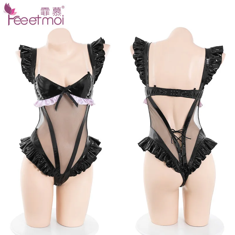 Women Shiny Perspective One Piece Anime Cat Girl Cosplay Leather Bodysuit Sexy Teddy Lingerie Catsuit Jumpsuit Kitty Temptation