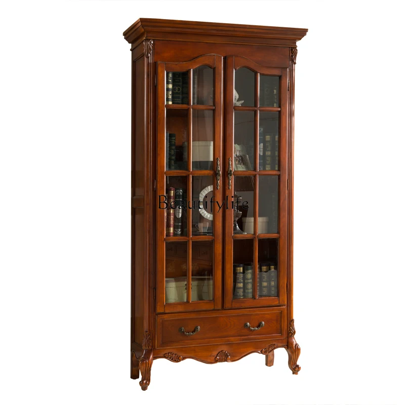 

American Glass Door Solid Wood Bookcase Floor-to-Wall Storage Cabinet