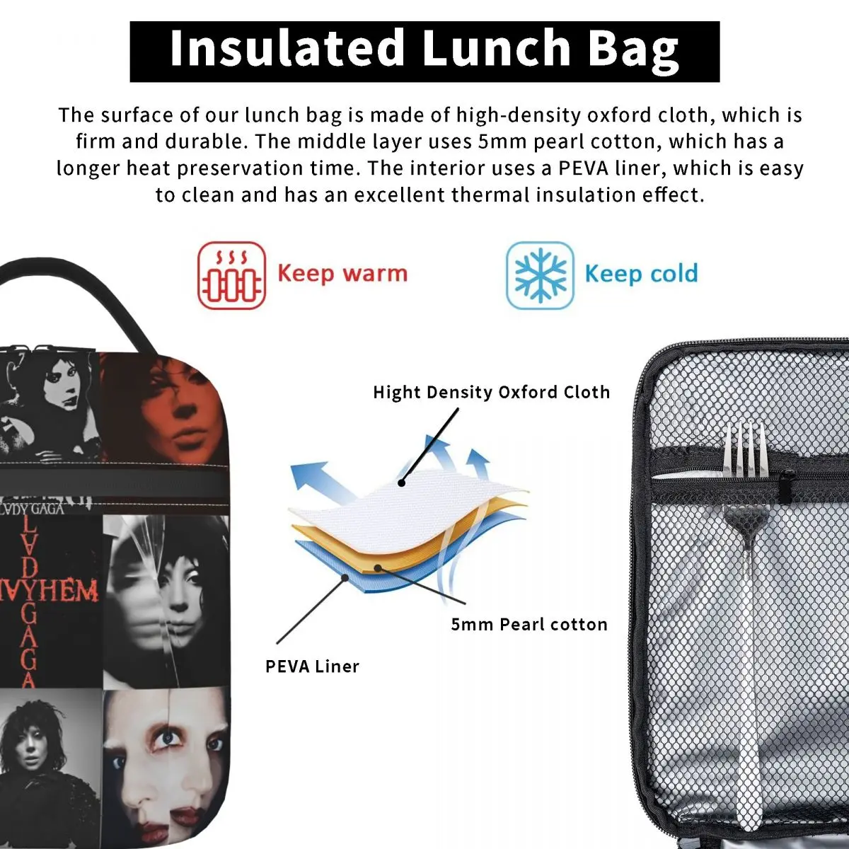 Lady Gaga Mayhem Album Accessories Insulated Lunch Tote Bag For Outdoor Food Box Reusable Thermal Cooler Lunch Boxes