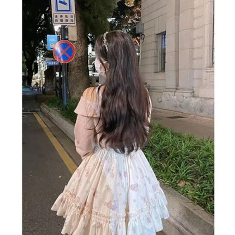 Sweet Bow Corduroy Long Sleeve Tops Women+ Y2k Gentle Slim Waist Bottoming Camisole Floral Dress Spring New Two Piece Sets 4