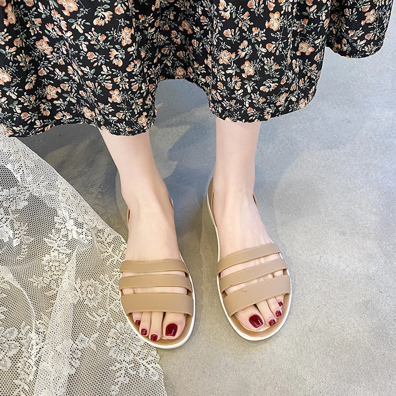 Flat Woman Sandals Summer Candy Color Peep Toe Beach Shoes Slip On Rianbow Sandals Fashion Jelly Shoes Chaussure Femme Sandale