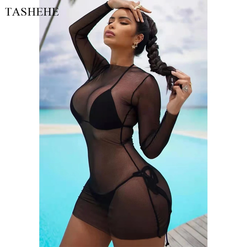 

Sexy Three-piece Swimsuit Long-sleeved Swimwear Women's Swimsuits Smock Mesh Bikini Solid Solor Swim Set Sunscreen Beach Wear