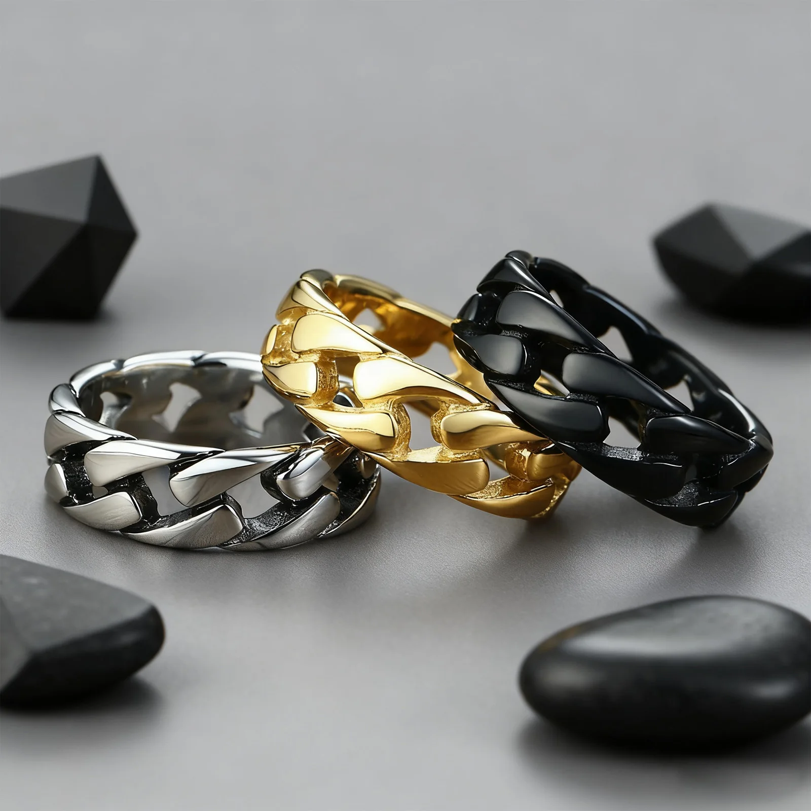 Stainless Steel Ring, Finger Ring 7MM Stainless Steel Ring for Men Boys Hollow Hard Curb Link Chain Biker Ring Bands Ring Jewelry Gifts