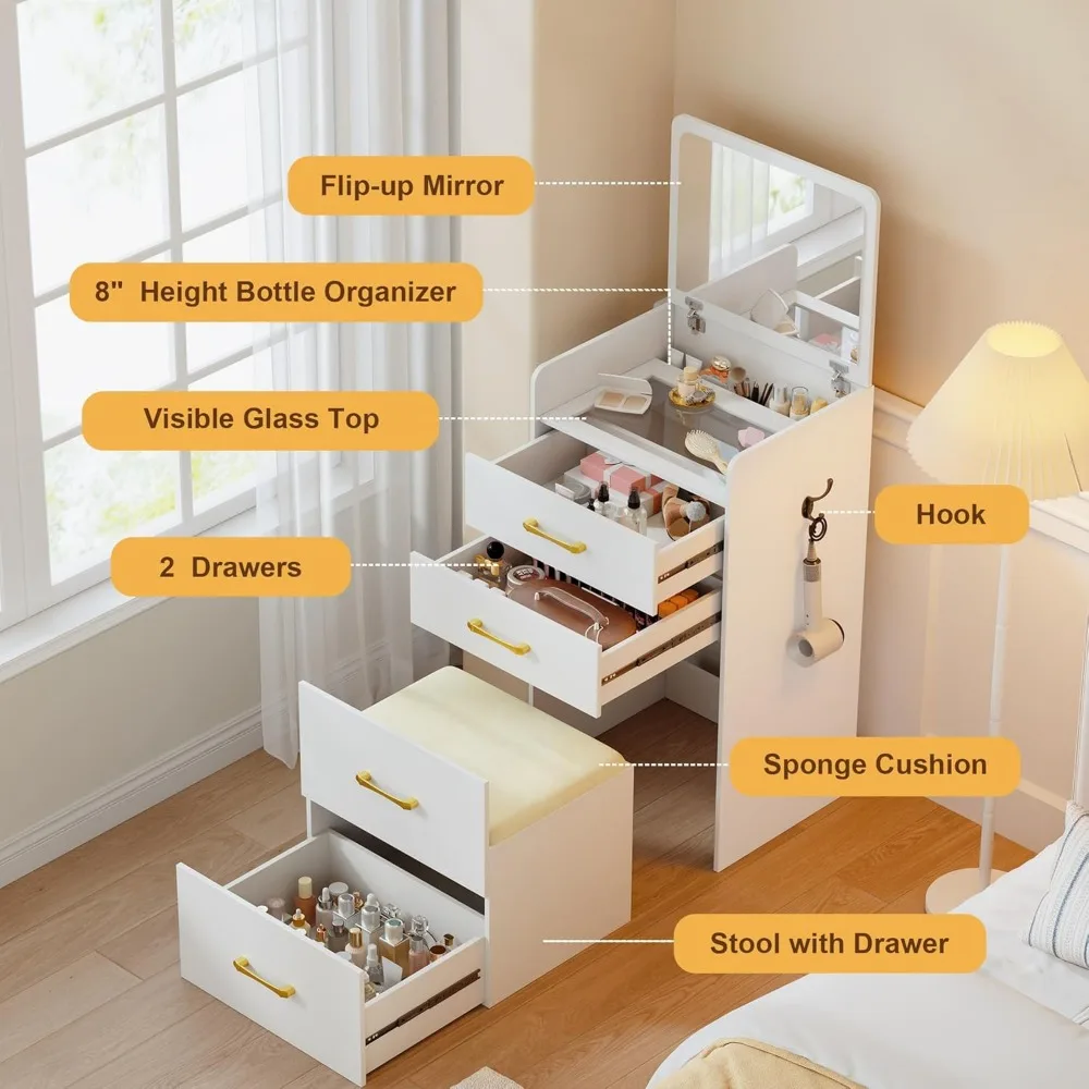 3-in-1 Vanity Desk with Flip Top Mirror, Makeup Vanity Table with Cushioned Stool for Small Space, Compact Dressing Table 4